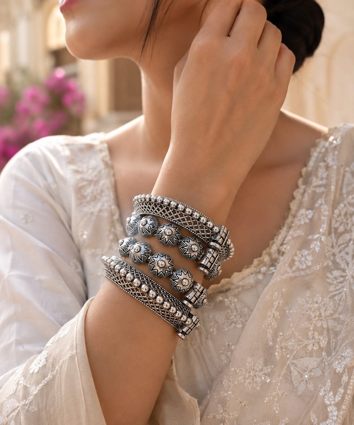 German Silver Antique Bangle Set – 4 Pieces