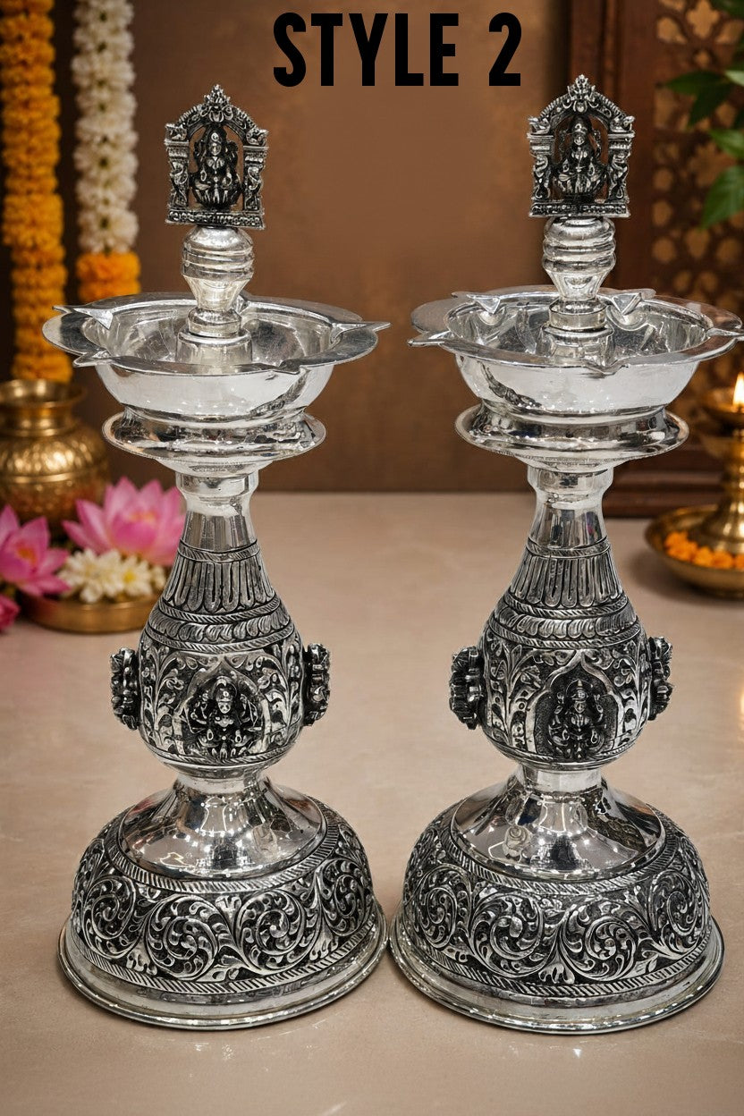 German Silver Lakshmi Carved Diya 15" – Diwali & Varalakshmi Pooja