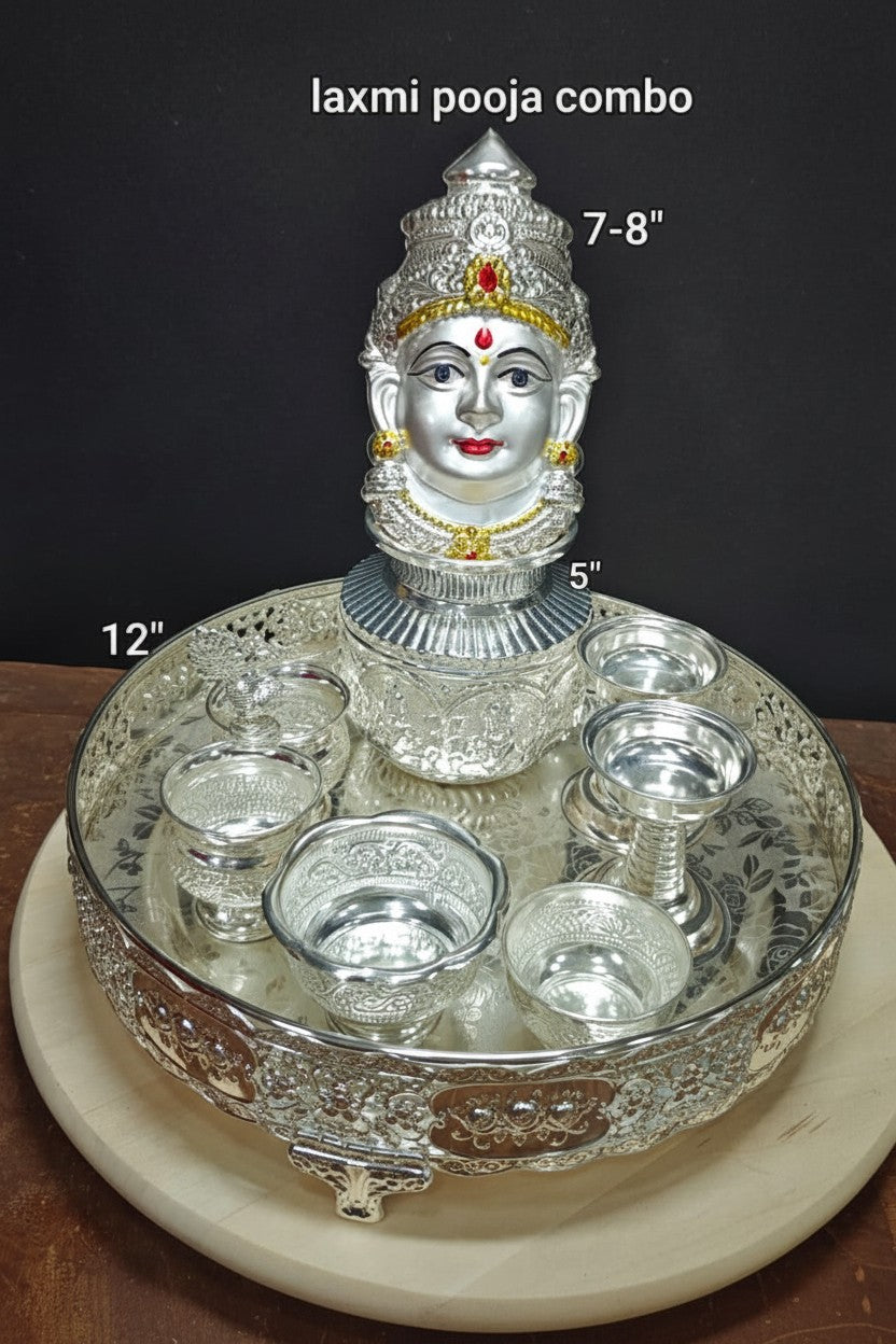 German Silver Pooja Thali Set – 9 Piece Ensemble for Diwali & Varalakshmi Puja