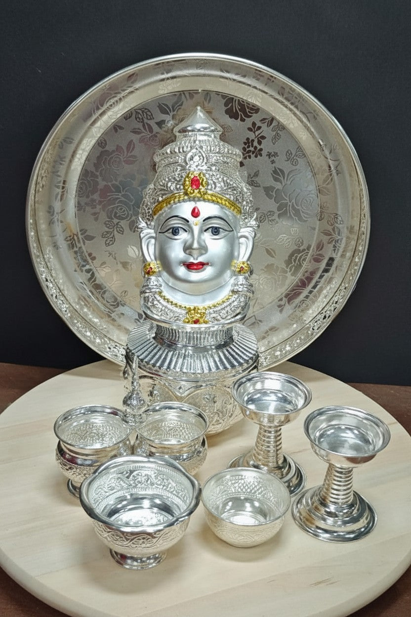 German Silver Pooja Thali Set – 9 Piece Ensemble for Diwali & Varalakshmi Puja