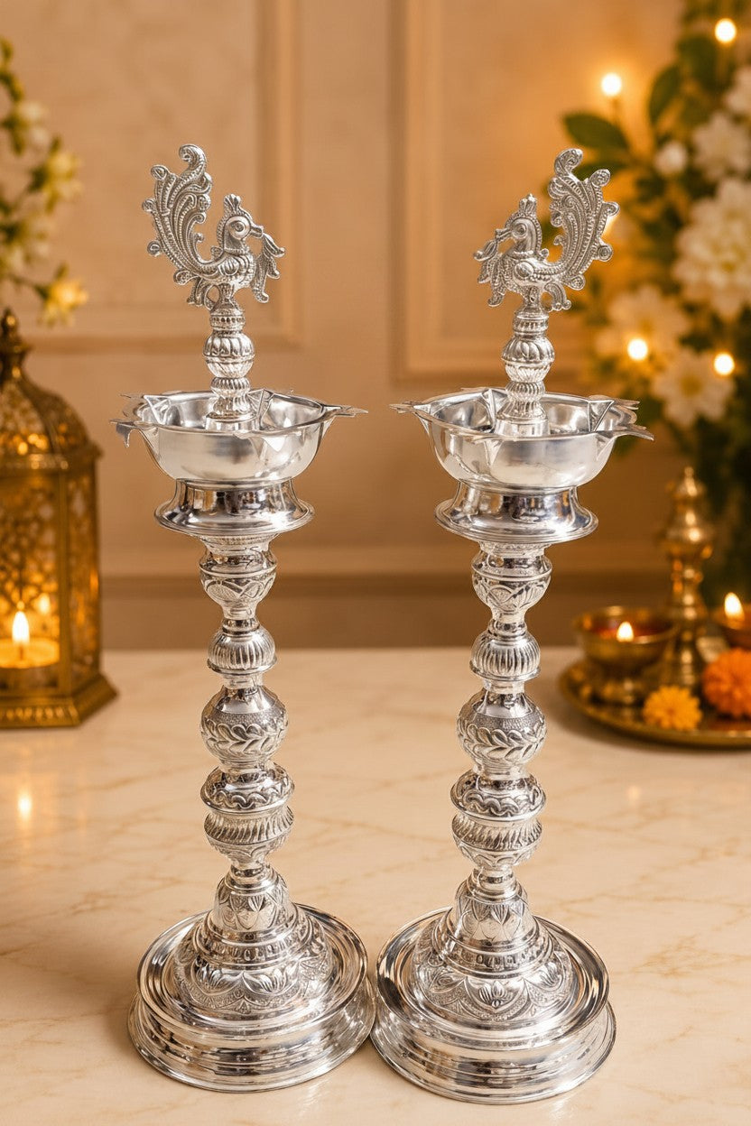 German Silver Detachable Peacock Diya 20" – Diwali, Varalakshmi Puja & Housewarming