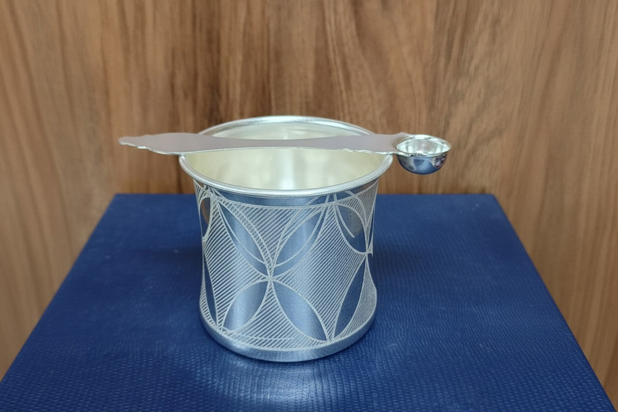 German Silver Panchpatra Set – Laser Print for Varalakshmi, Housewarming & Diwali Pooja