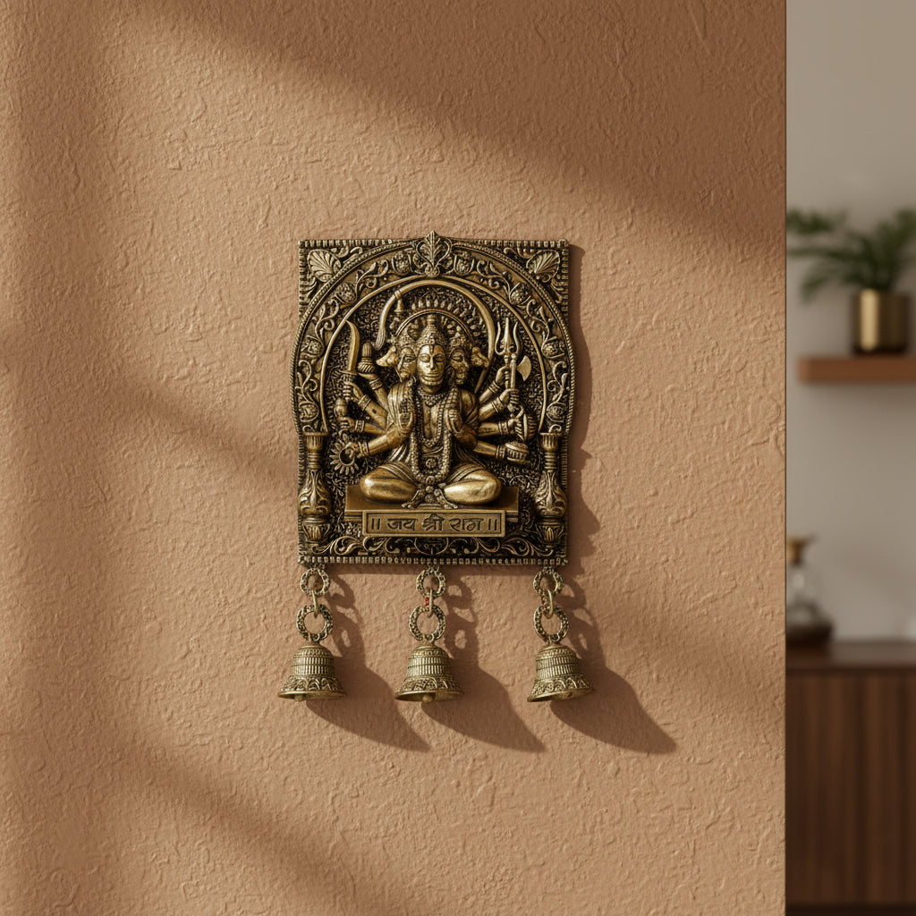 Brass Superfine Panchmukhi Hanuman in Sitting posture with bells wall Hanging