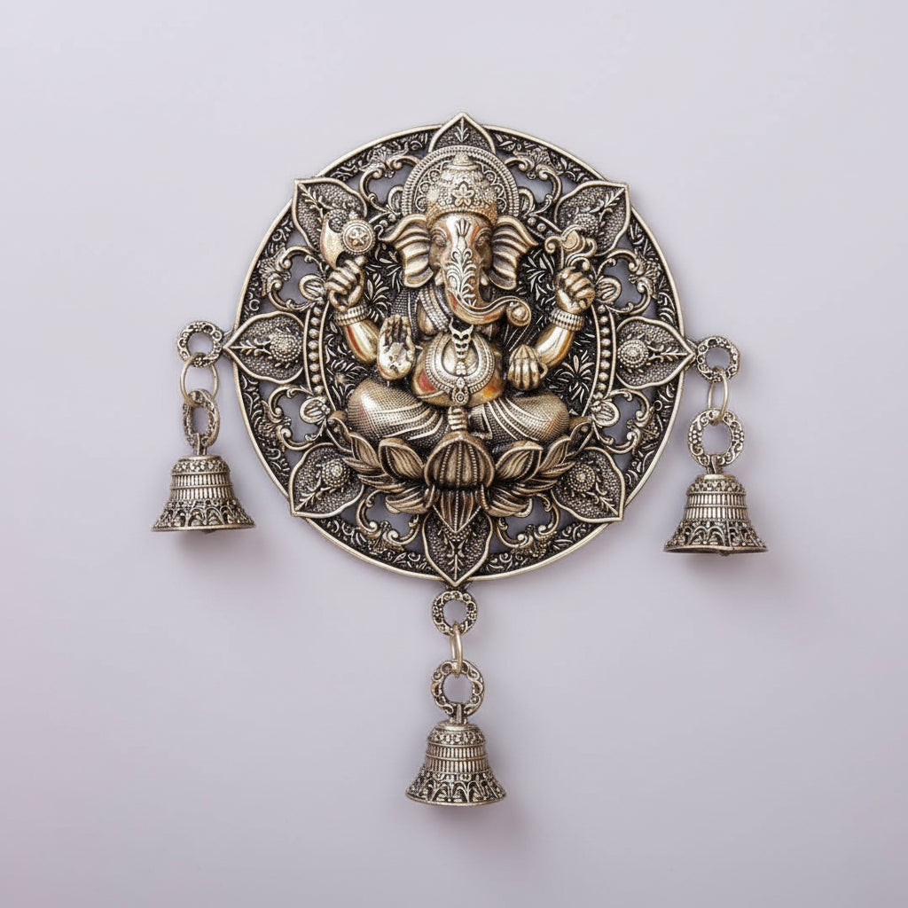 Brass Superfine antique finish Sitting Ganesha wall Hanging with bells for pooja room / home décor