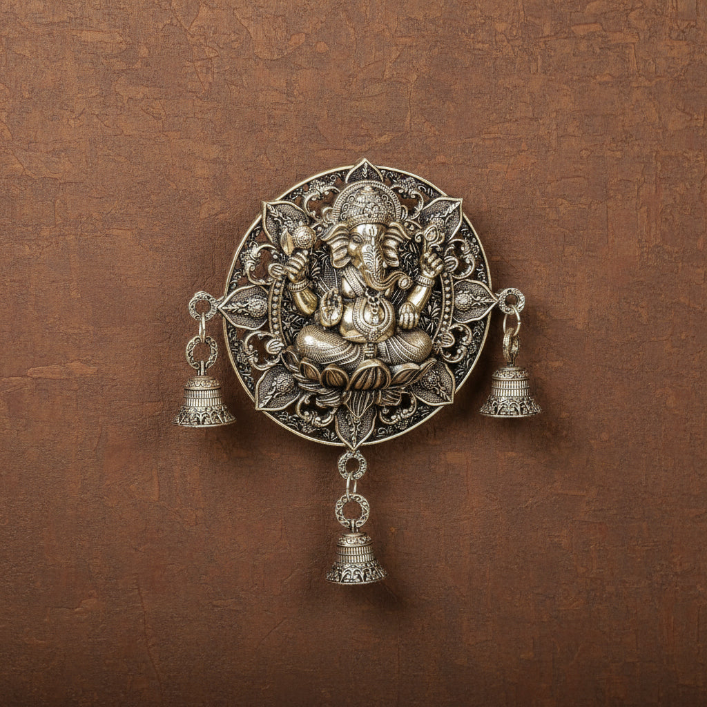 Brass Superfine antique finish Sitting Ganesha wall Hanging with bells for pooja room / home décor