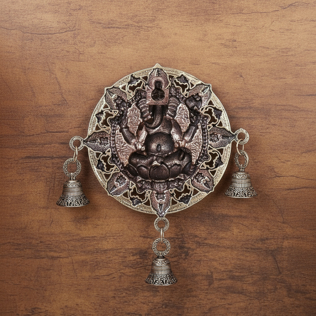 Brass Superfine antique finish Sitting Ganesha wall Hanging with bells for pooja room / home décor