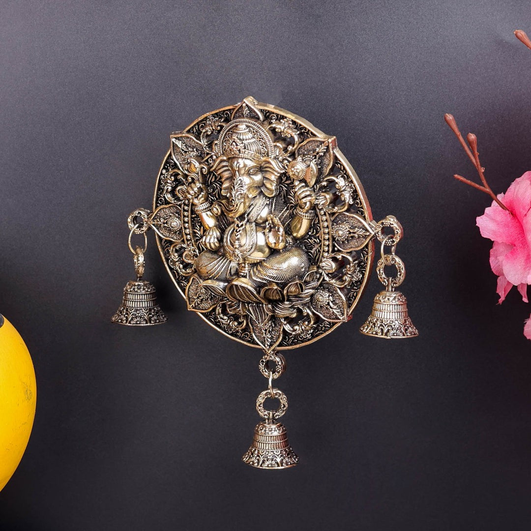 Brass Superfine antique finish Sitting Ganesha wall Hanging with bells for pooja room / home décor