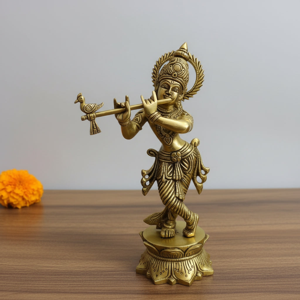 Brass Lord Krishna Playing Flute Statue – Home Décor / Temple / Gift Item