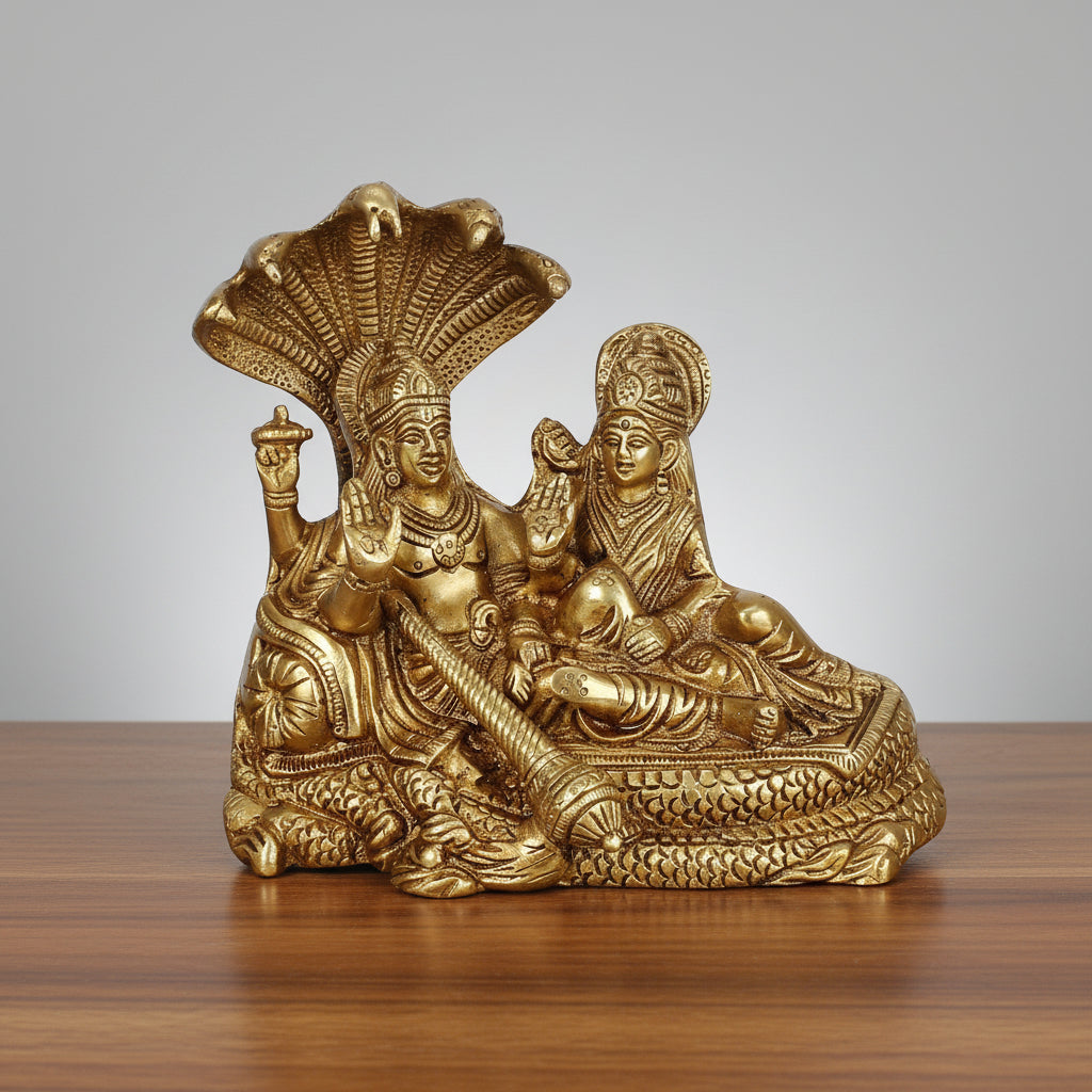 Brass Vishnu Lakshmi Seated on Sheshnag  Handcrafted Hindu Idol  Pooja Room & Home Décor
