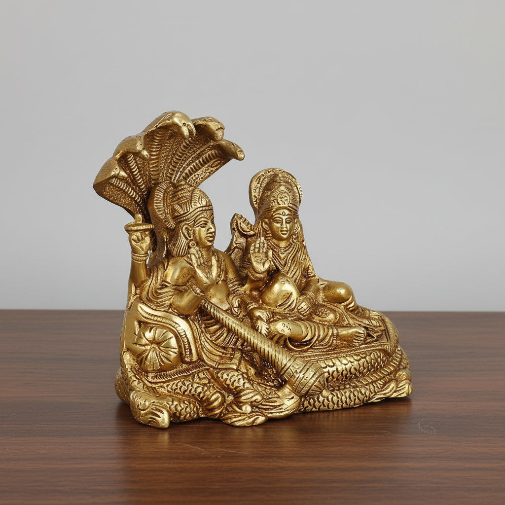 Brass Vishnu Lakshmi Seated on Sheshnag  Handcrafted Hindu Idol  Pooja Room & Home Décor