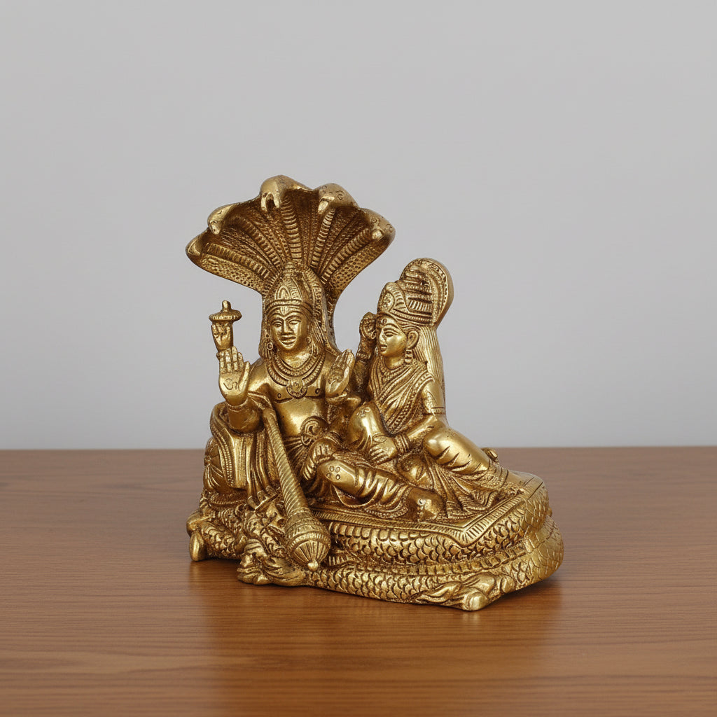 Brass Vishnu Lakshmi Seated on Sheshnag  Handcrafted Hindu Idol  Pooja Room & Home Décor
