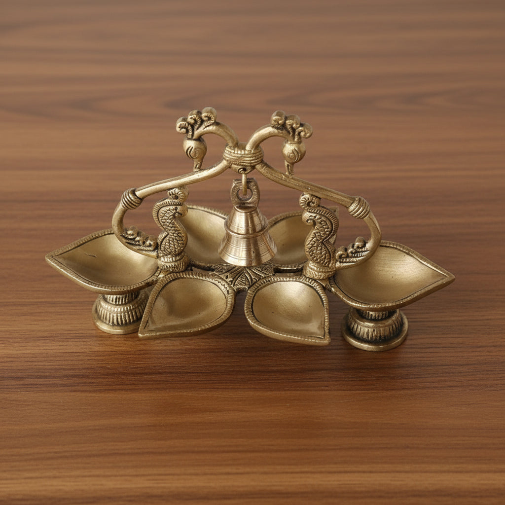 Brass Annam 6 Diyas with Bell  Handcrafted Temple Décor  Auspicious Pooja & Festive Centerpiece