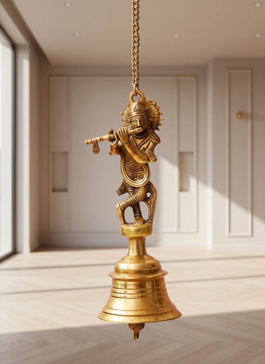 Brass Krishna Hanging Bell  Handcrafted Temple Décor  Auspicious Pooja & Home Accent