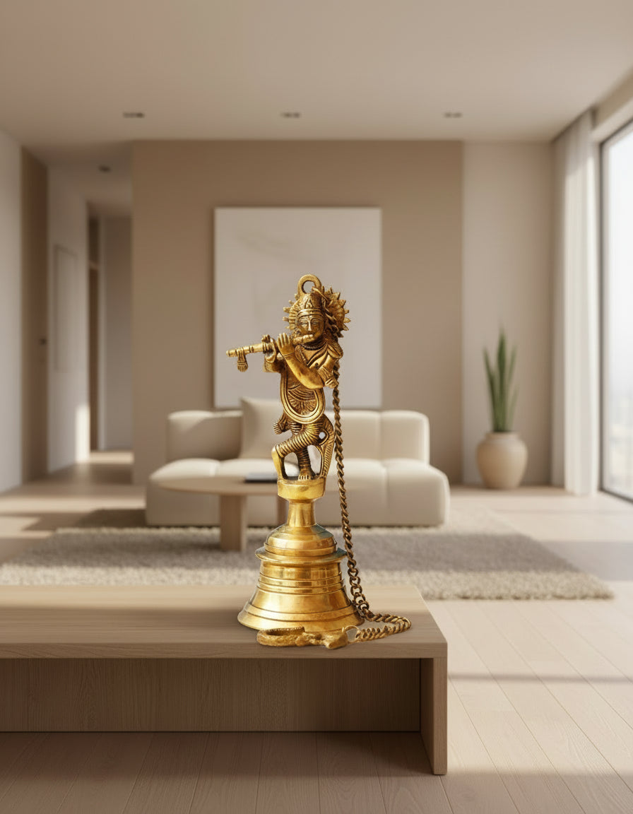 Brass Krishna Hanging Bell  Handcrafted Temple Décor  Auspicious Pooja & Home Accent
