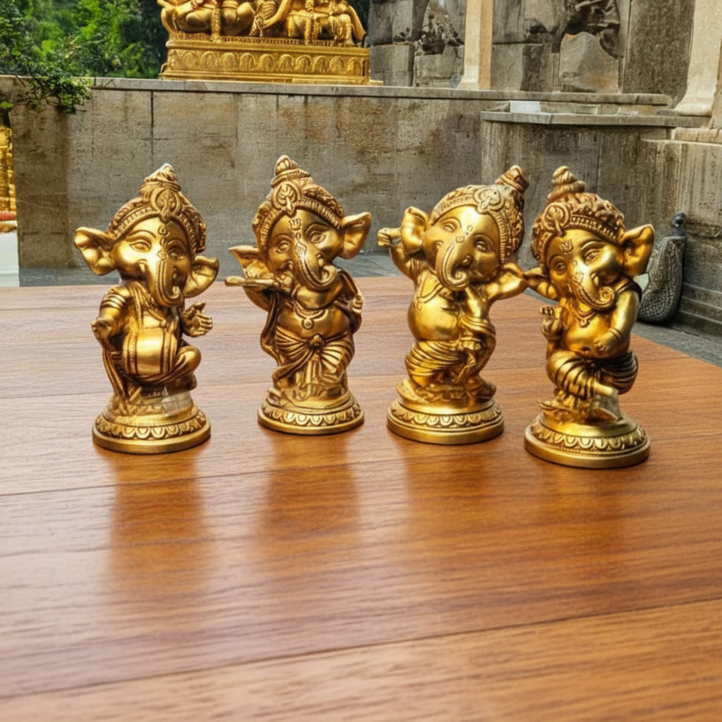 Brass Bal Ganesha Set of 4 Musical Idols  Handcrafted Hindu Décor  Auspicious Pooja & Festive Gift