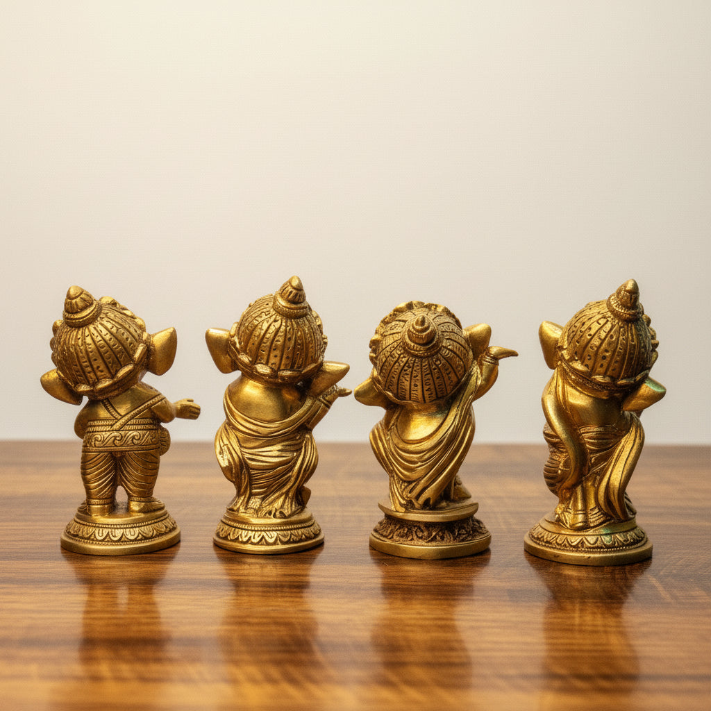 Brass Bal Ganesha Set of 4 Musical Idols  Handcrafted Hindu Décor  Auspicious Pooja & Festive Gift
