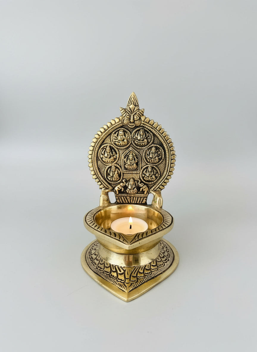 Brass Ashtalakshmi Diya  Handcrafted Pooja Lamp  Goddess Lakshmi’s Eight Forms for Prosperity & Blessings