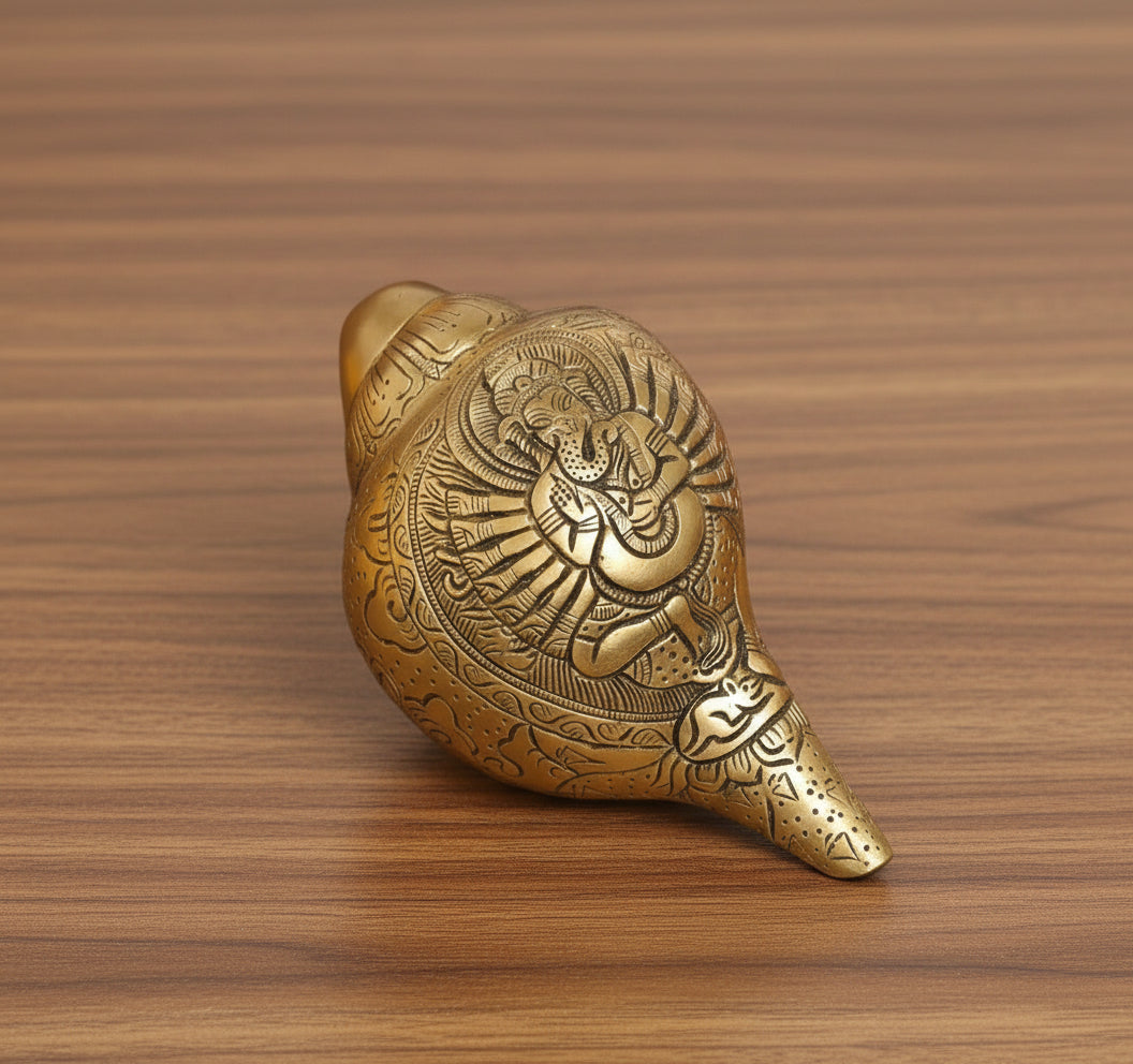 Brass Ganesh Conch  Sacred Shankh for Pooja Room  Auspicious Temple & Home Décor