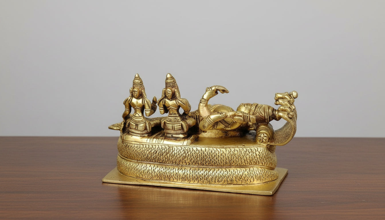 Brass Anantha Padmanabha Swami Statue  Lord Vishnu with Shridevi & Bhudevi  Handcrafted Hindu Temple Décor