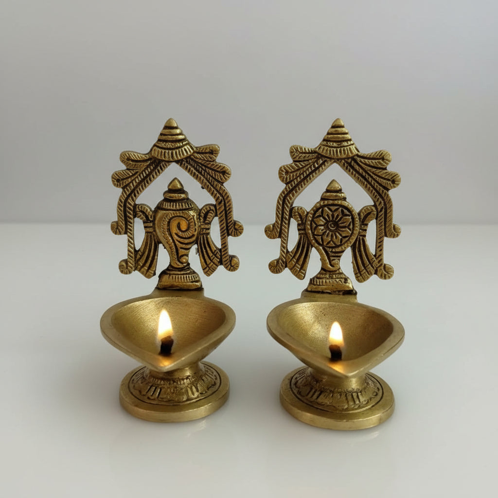 Brass Shankh Chakra Oil Lamp Pair  Handcrafted Temple Diyas  Auspicious Pooja & Home Décor