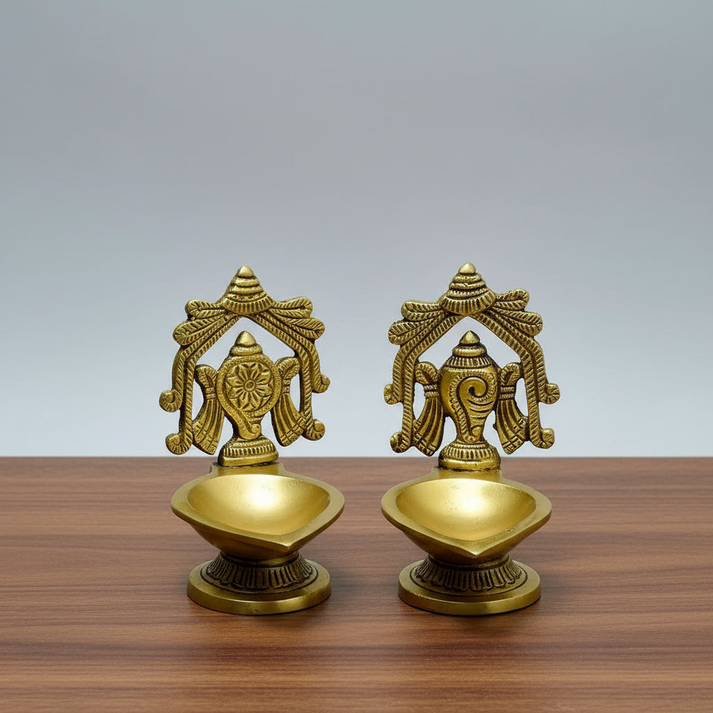 Brass Shankh Chakra Oil Lamp Pair  Handcrafted Temple Diyas  Auspicious Pooja & Home Décor