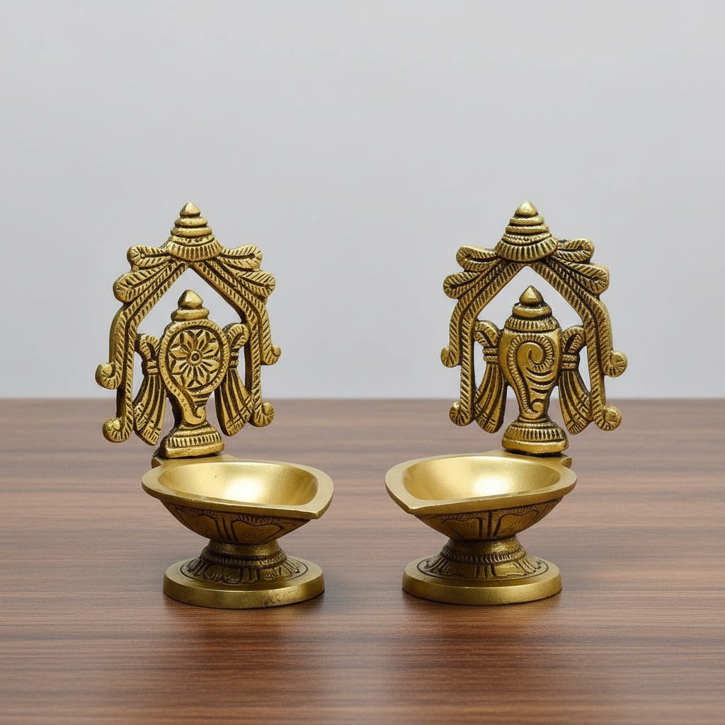 Brass Shankh Chakra Oil Lamp Pair  Handcrafted Temple Diyas  Auspicious Pooja & Home Décor