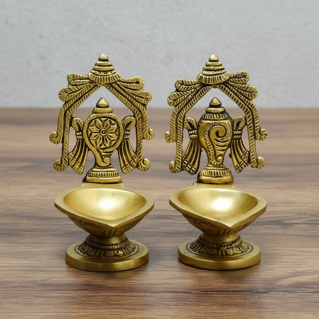 Brass Shankh Chakra Oil Lamp Pair  Handcrafted Temple Diyas  Auspicious Pooja & Home Décor