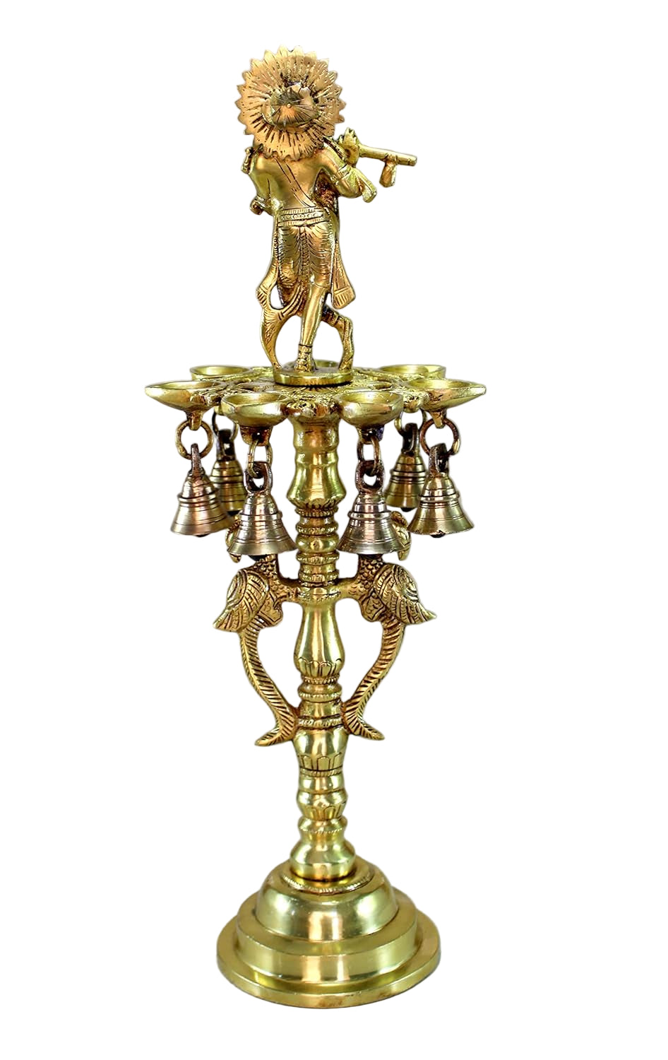 Brass Krishna Playing Flute Standing Diya Set  7 Diyas & 7 Bells  Handcrafted Temple & Home Décor