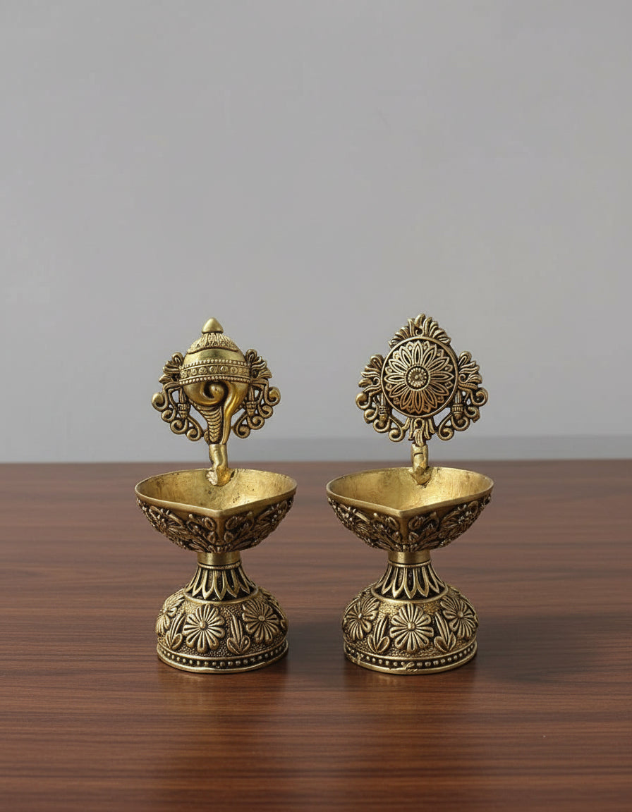 Brass Shankh Chakra Diya Pair  Handcrafted Vishnu Symbol Lamps  Auspicious Temple & Home Décor