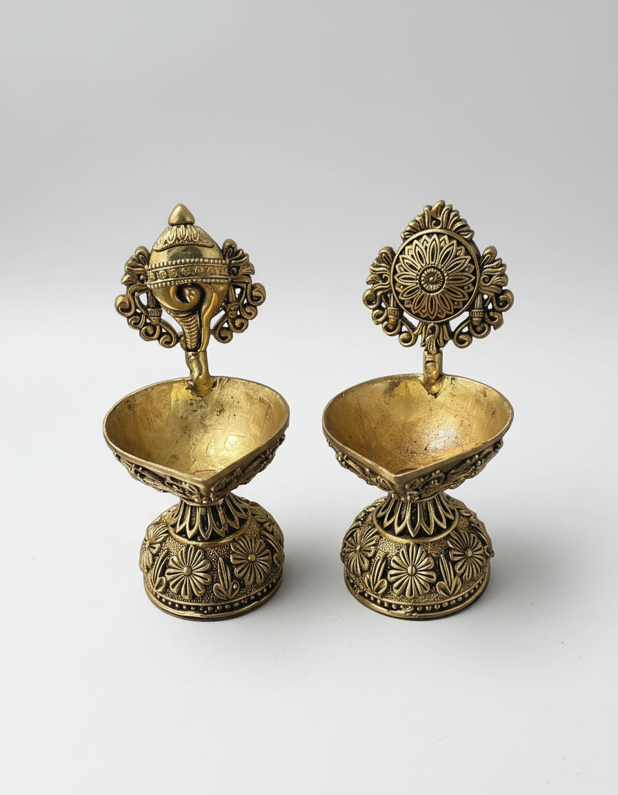 Brass Shankh Chakra Diya Pair  Handcrafted Vishnu Symbol Lamps  Auspicious Temple & Home Décor