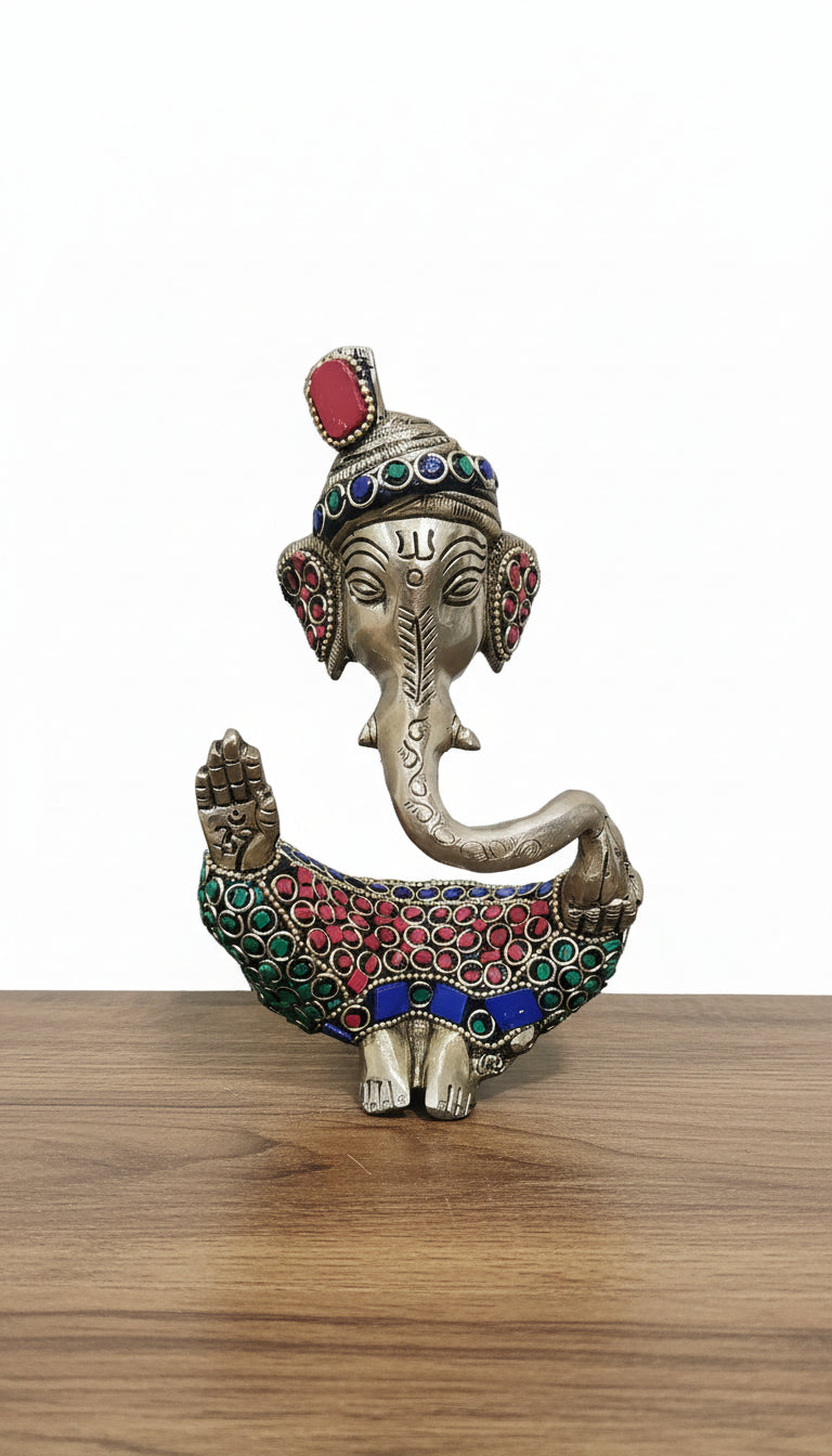 Brass Hawai Ganesha with Stonework  Handcrafted Hindu Idol  Home Décor & Auspicious Gift