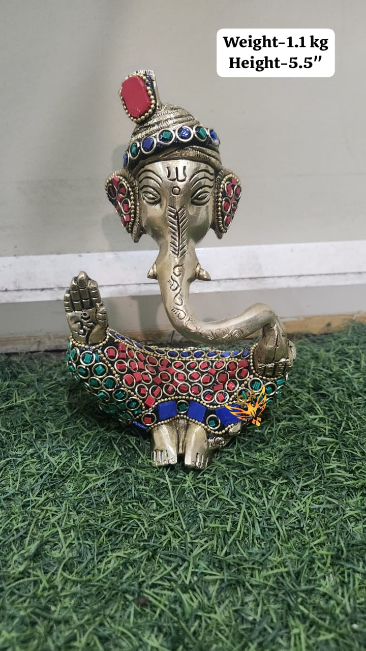 Brass Hawai Ganesha with Stonework  Handcrafted Hindu Idol  Home Décor & Auspicious Gift
