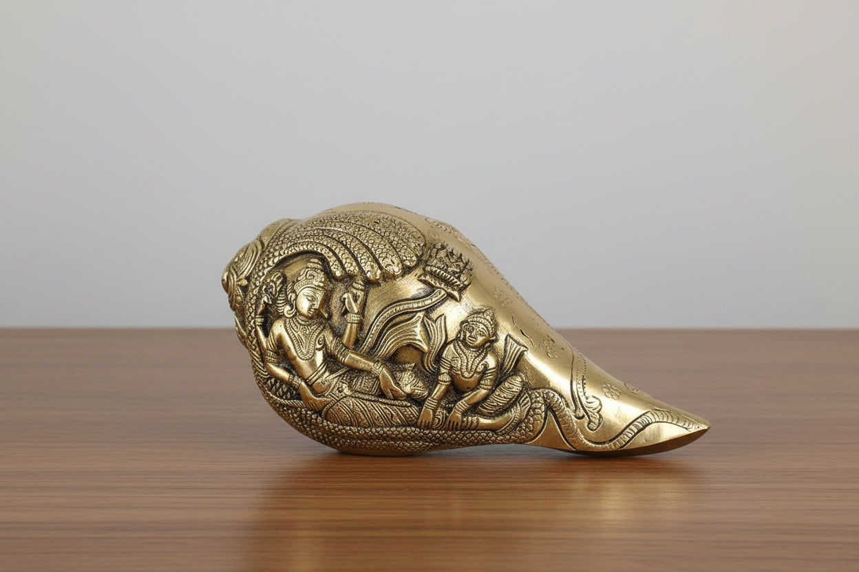 Brass Vishnu Lakshmi Shankh  Sacred Conch Handcrafted Hindu Temple & Home Décor