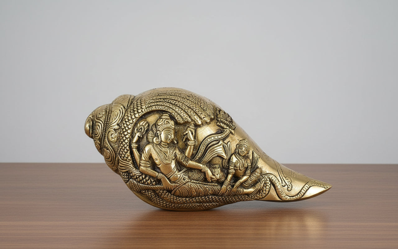 Brass Vishnu Lakshmi Shankh  Sacred Conch Handcrafted Hindu Temple & Home Décor