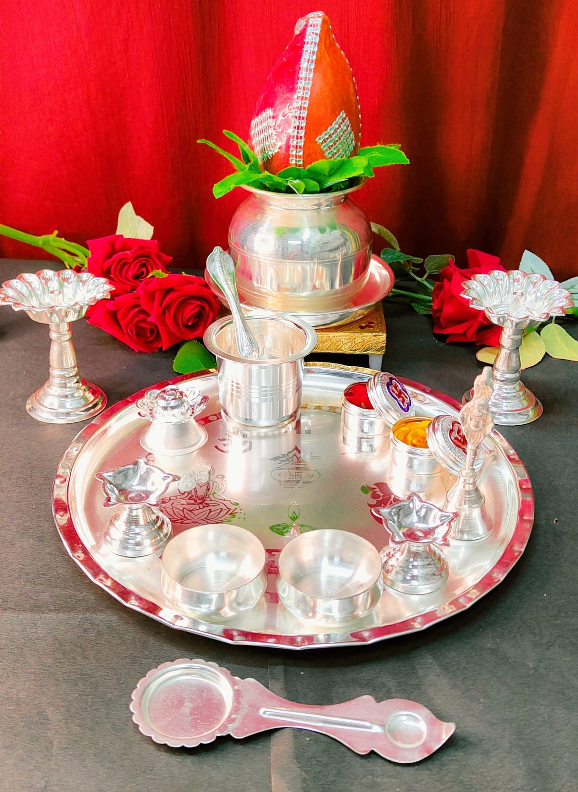 German Silver Pooja Thali Set, 15 Piece Indian Puja Set, Housewarming Gift, Diwali Pooja Set, Hindu Prayer Set, Temple Dec