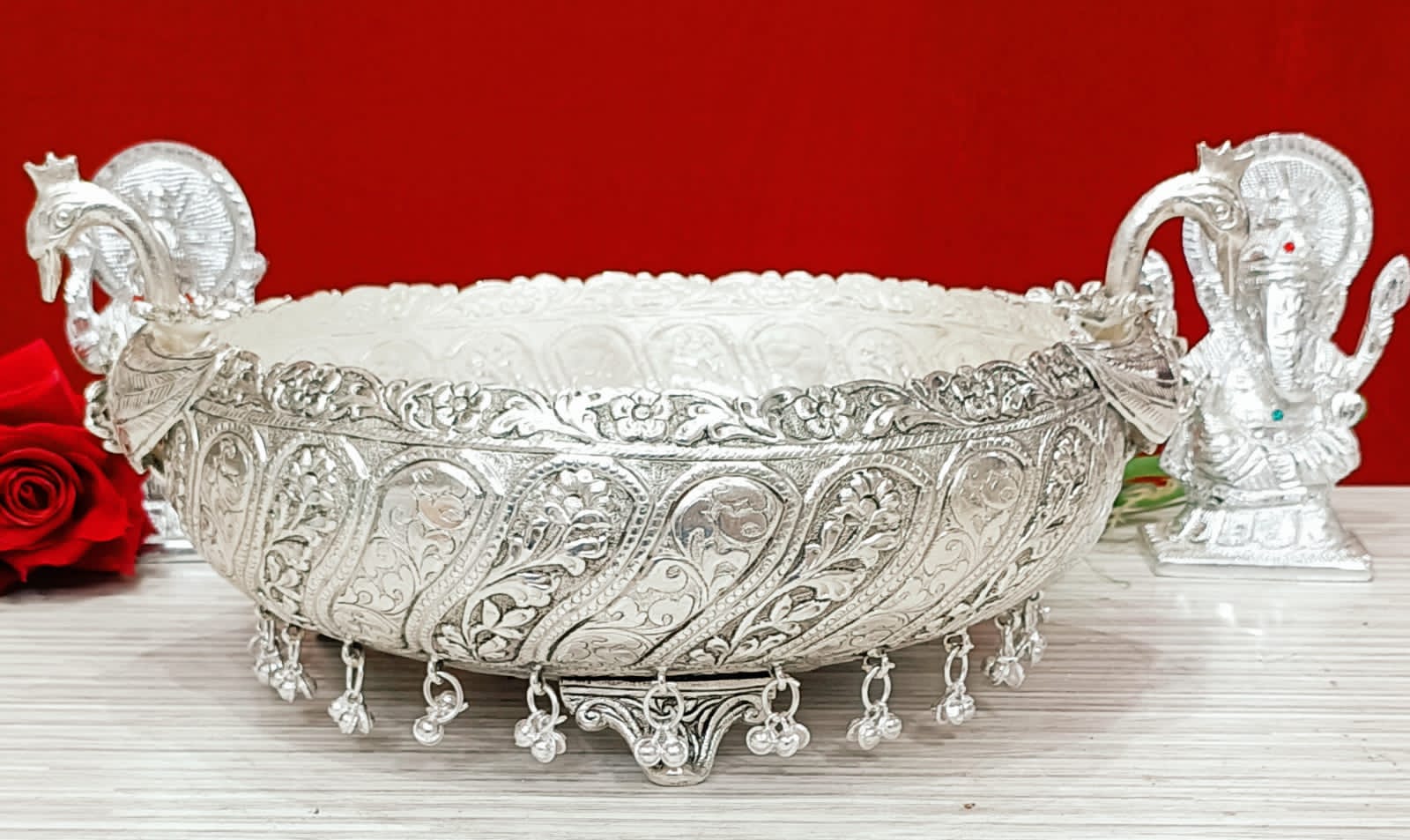 German silver peacock urli bowl