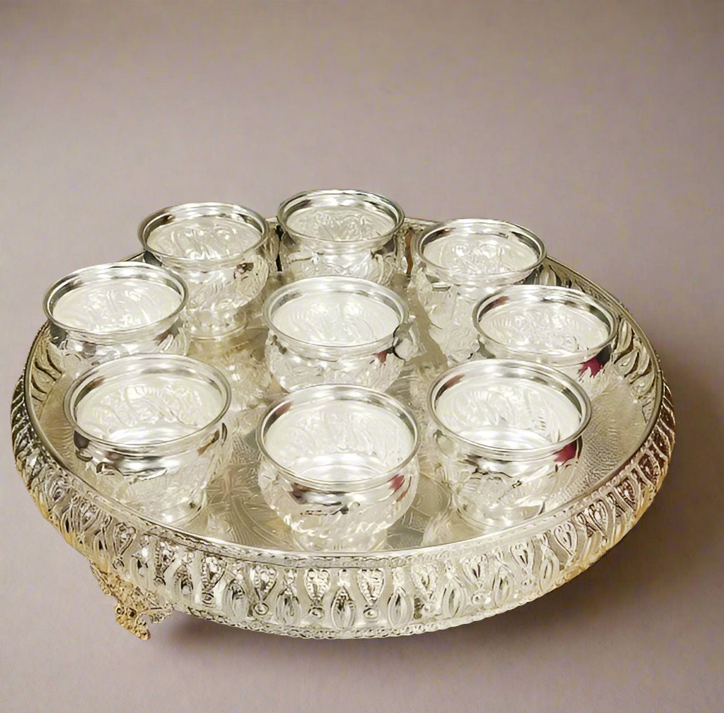 german silver designer tray with legs and 9 big size bowls
