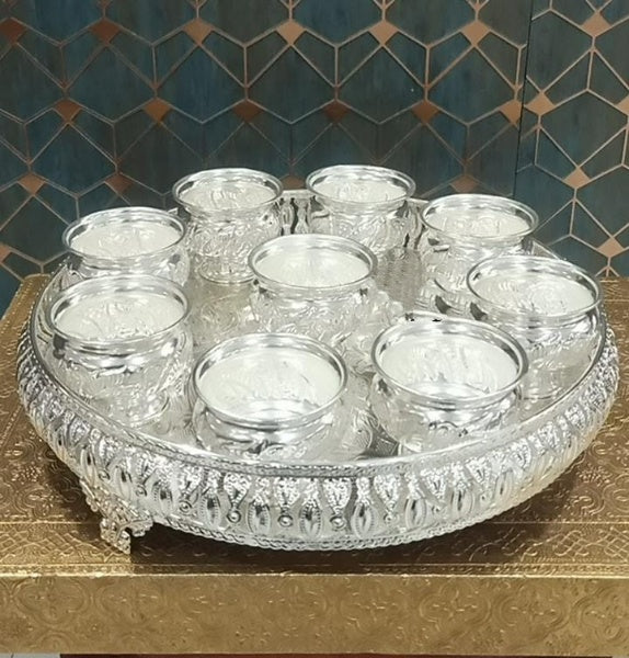 german silver designer tray with legs and 9 big size bowls