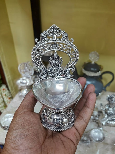 German Silver Lakshmi Diya Pair Set Fully Carved for Housewarming/Festival/Pooja