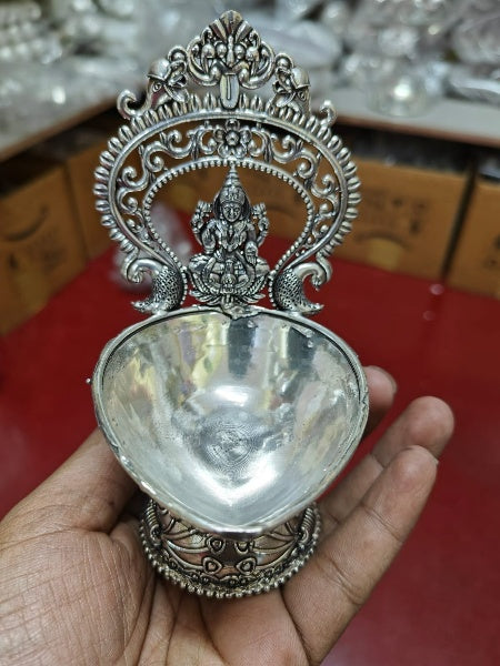 German Silver Lakshmi Diya Pair Set Fully Carved for Housewarming/Festival/Pooja