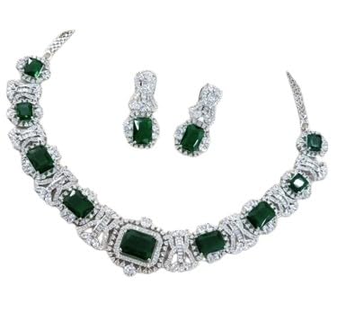 indiancraftsbykanika presents green stone diamond look choker necklace set with matching earrings looks good on any woman, silver