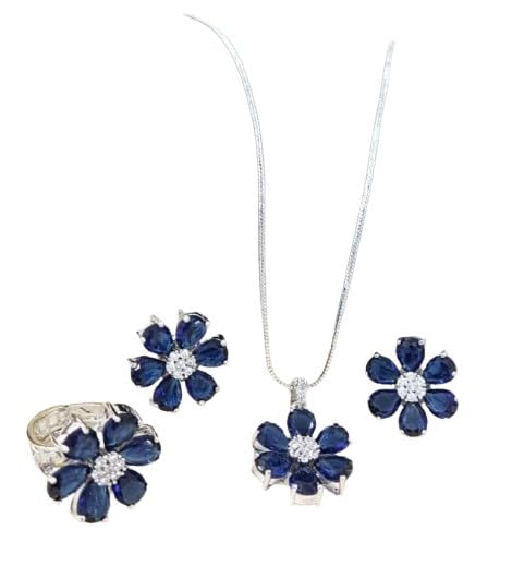 set of 4 pieces blue color flower shape pendant necklace set with matching earrings and adjustable ring.