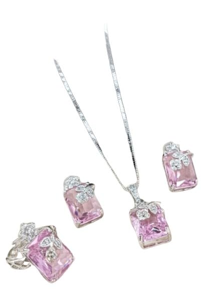 set of 4 pieces pink color stone pendant necklace set with matching earrings and ring for women