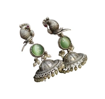 oxidized peacock jhumki earrings for women, color : light green