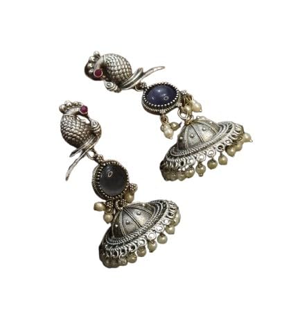 oxidized peacock jhumki earrings for women, color : blue