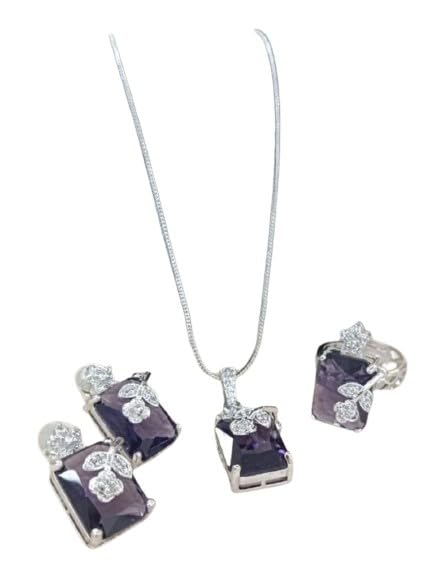 set of 4 pieces purple color square shape pendant necklace set with matching earrings and adjustable ring.