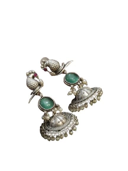 oxidized peacock jhumki earrings for women, color : green