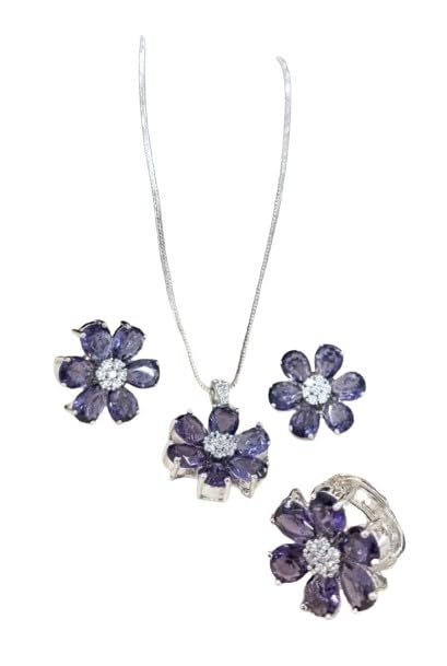 set of 4 pieces purple color flower shape pendant necklace set with matching earrings and adjustable ring.
