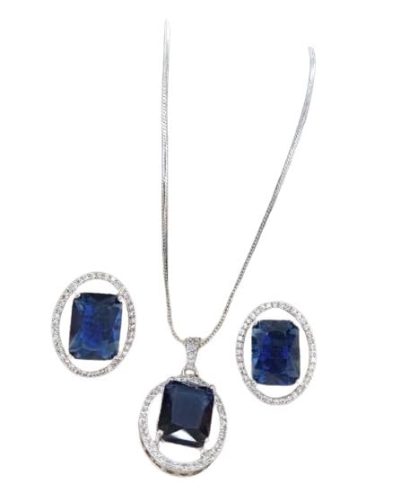 set of 3 pieces blue color stone pendant necklace set with matching earrings.