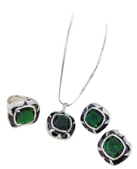 set of 4 pieces green color square shape pendant necklace set with matching earrings and adjustable ring.